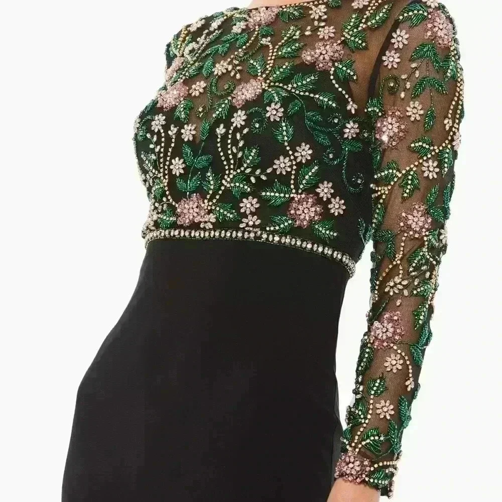 Mac Duggal Black Dress with Green Floral Sleeves - Picture 3 of 9